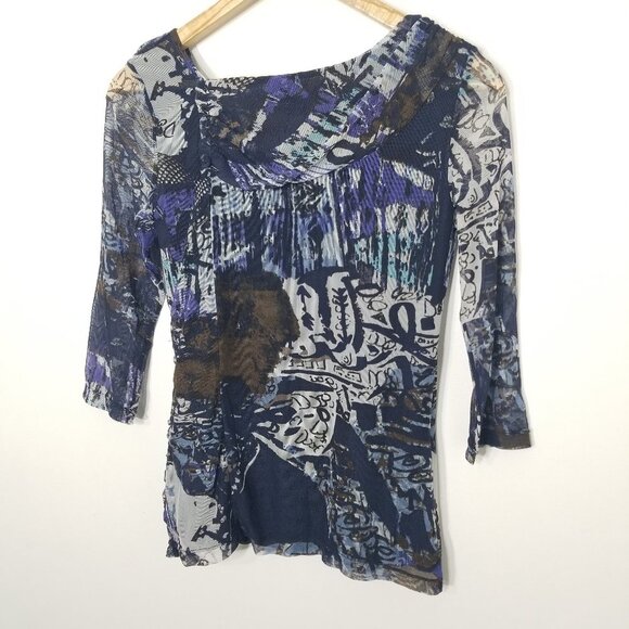 Tribal Sheer Arms Abstract Blue Brown Top 3/4 Sleeves Business Casual XSmall - Picture 6 of 10